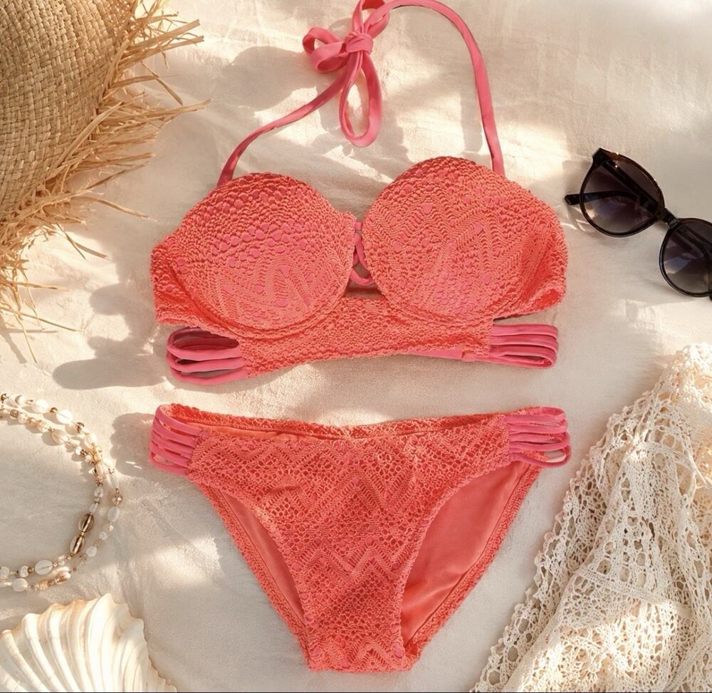 NWT Tinibikini Neon Pink Crochet Bandeau Strappy Bottoms Padded 2 pc Bikini